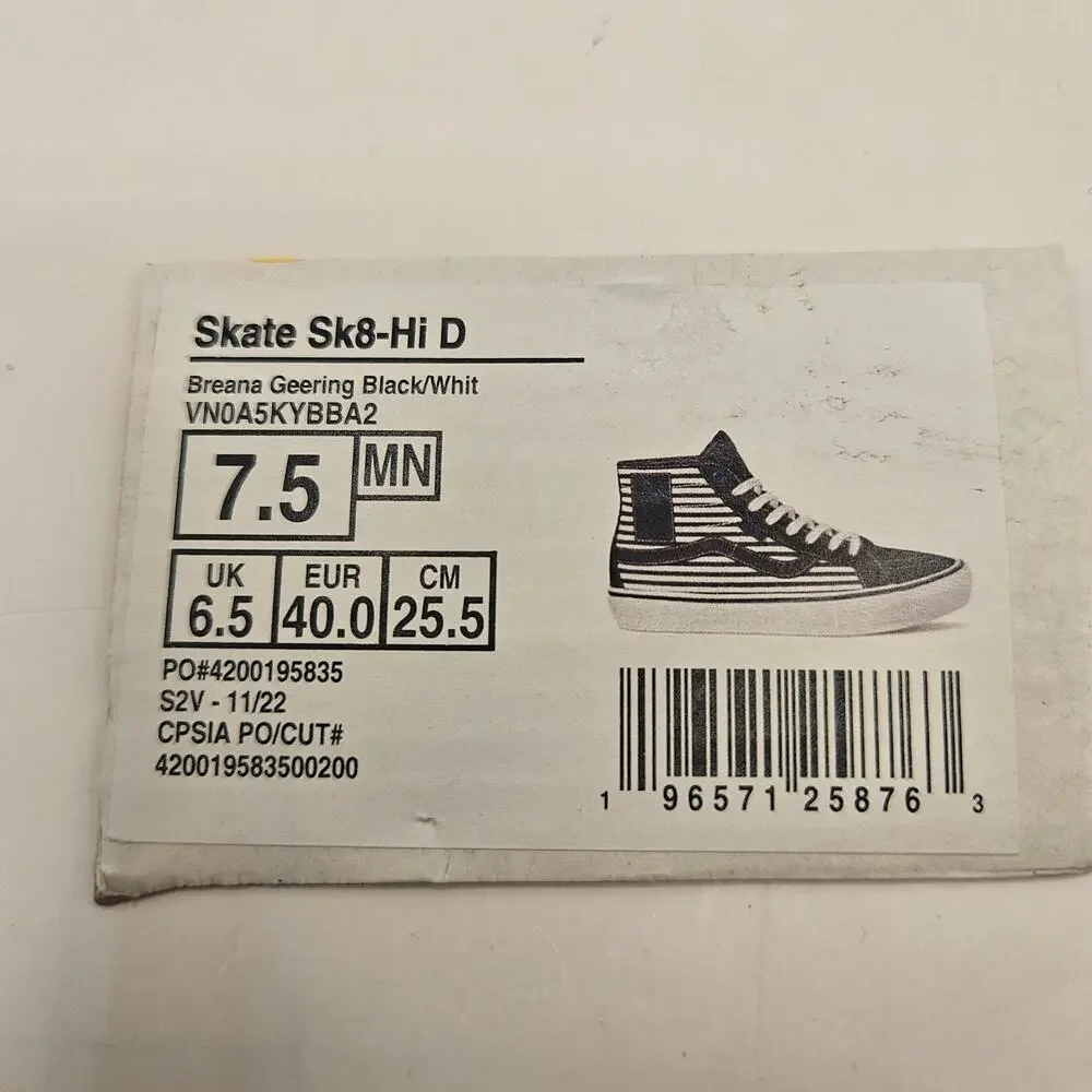 VANS x BREANA GEERING MEN'S 7.5 SKATE SK8-Hi DECON BLACK HI TOP SNEAKER NWOB